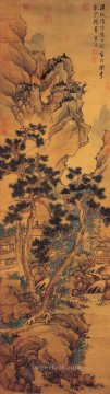 山のコテージの風景の古い中国の水墨画 Oil Paintings